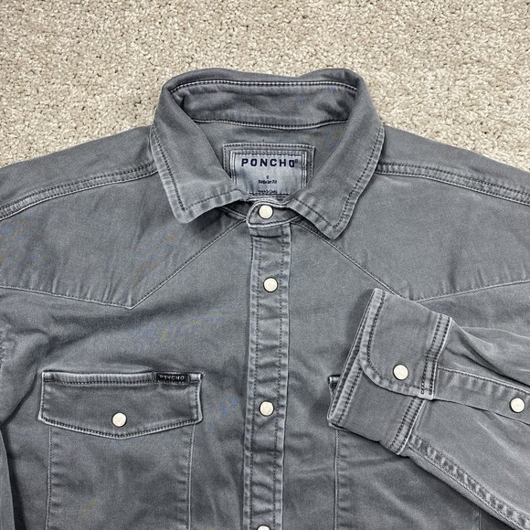 Poncho Outdoors Shirt Mens Small Gray Khaki Hidalgo Denim LS Pearl Snap Western - Picture 1 of 9